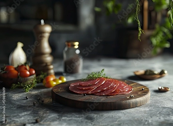Fototapeta SITE OF software product studio, wooden plate with sliced ham on it, vegetables and spices nearby, gray stone background, 