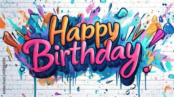 Fototapeta The lettering Happy Birthday in a colorful graffiti style with a white background, vector illustration in the colorful cartoon style
