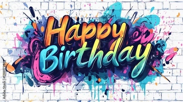 Fototapeta The lettering Happy Birthday in a colorful graffiti style with a white background, vector illustration in the colorful cartoon style
