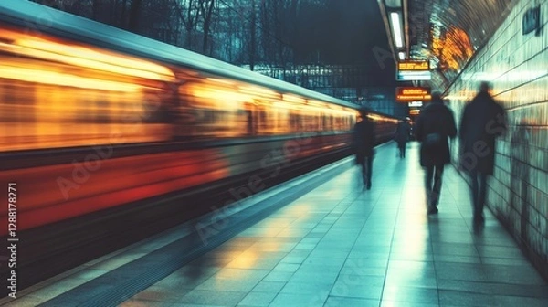 Obraz High-speed train in motion at an urban metro station, with blurred commuters walking along the platform, reflecting artificial lighting and a warm, dynamic ambiance of city transportation.
