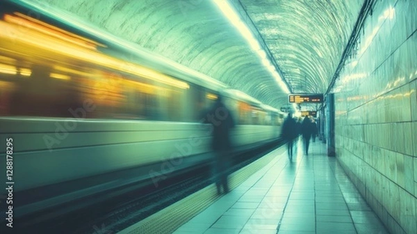 Obraz Blurred motion of commuters walking along a dimly lit underground metro platform as a speeding train arrives, capturing the dynamic energy and movement of urban public transportation.

