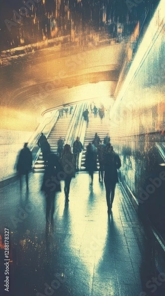 Obraz Commuters ascending a staircase and escalator in an underground subway station, bathed in golden lighting with motion blur effects creating a dreamy and fast-paced urban scene.