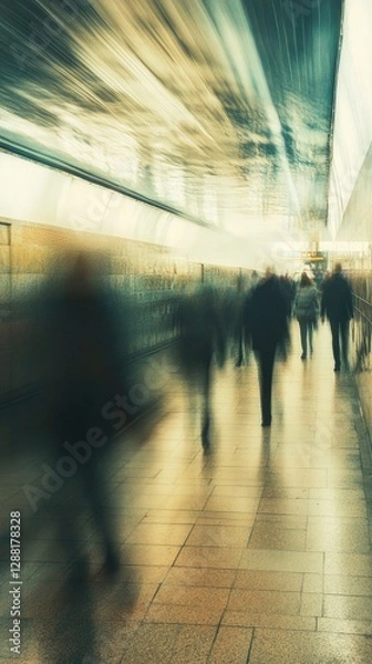 Obraz Surreal blurred vision of a crowded subway station corridor, where fast-moving commuters create ghostly silhouettes under artificial lighting, capturing the essence of urban transportation 