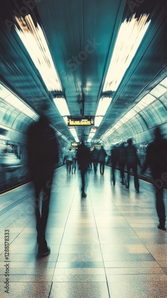 Obraz Abstract motion-blurred scene of commuters walking through a futuristic underground subway station with sleek, curved ceilings and bright artificial lighting, creating a fast-paced urban atmosphere.