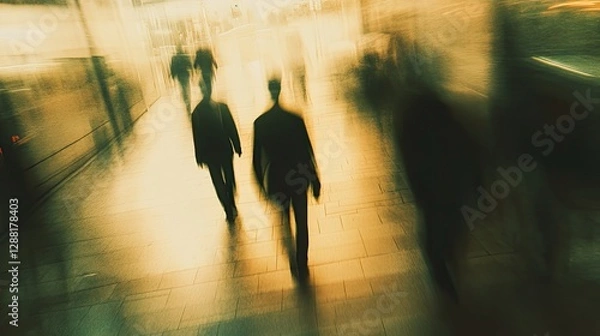 Obraz Surreal blurred vision of a crowded subway station corridor, where fast-moving commuters create ghostly silhouettes under artificial lighting, capturing the essence of urban transportation and daily 