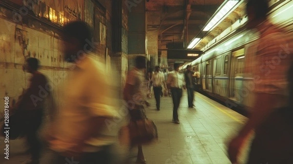 Obraz Vintage underground metro station with commuters walking along a dimly lit platform beside an old train, featuring warm golden lighting, ornate architecture, and a nostalgic atmosphere.