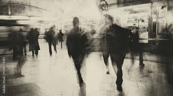 Fototapeta Surreal blurred vision of a crowded subway station corridor, where fast-moving commuters create ghostly silhouettes under artificial lighting, capturing the essence of urban transportation and daily 