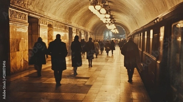 Obraz Vintage underground metro station with commuters walking along a dimly lit platform beside an old train, featuring warm golden lighting, ornate architecture, and a nostalgic atmosphere.