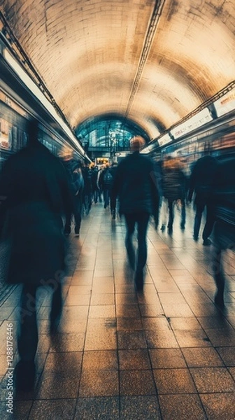 Obraz Busy urban subway and train station scenes with commuters walking, using escalators, and navigating through modern and historic underground transit hubs during rush hour.

