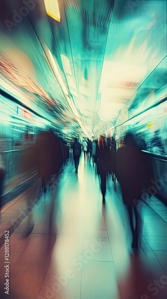 Fototapeta Surreal blurred vision of a crowded subway station corridor, where fast-moving commuters create ghostly silhouettes under artificial lighting, capturing the essence of urban transportation and daily 