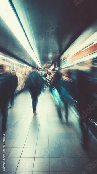 Obraz Busy urban subway and train station scenes with commuters walking, using escalators, and navigating through modern and historic underground transit hubs during rush hour.

