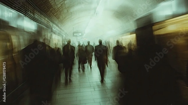 Obraz Surreal blurred vision of a crowded subway station corridor, where fast-moving commuters create ghostly silhouettes under artificial lighting, capturing the essence of urban transportation 