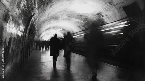 Fototapeta Surreal blurred vision of a crowded subway station corridor, where fast-moving commuters create ghostly silhouettes under artificial lighting, capturing the essence of urban transportation and daily 