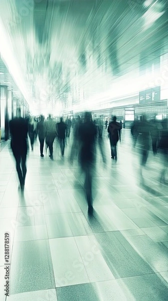 Obraz Abstract motion-blurred scene of commuters walking through a futuristic underground subway station with sleek, curved ceilings and bright artificial lighting, creating a fast-paced urban atmosphere.