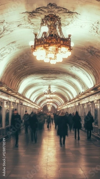 Obraz Busy urban subway and train station scenes with commuters walking, using escalators, and navigating through modern and historic underground transit hubs during rush hour.