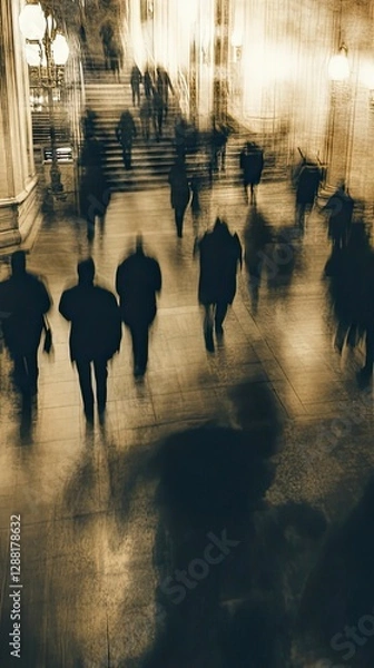 Obraz Surreal blurred vision of a crowded subway station corridor, where fast-moving commuters create ghostly silhouettes under artificial lighting, capturing the essence of urban transportation 
