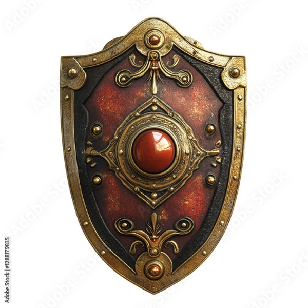 Fototapeta detailed fantasy ancient shield with ornate designs and central gem, isolated on transparency background