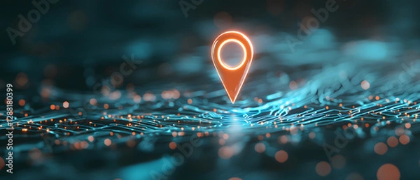 Fototapeta holographic wayfinder pin marking hidden digital path futuristic landscape. glowing pin stands out against backdrop of intricate circuitry and glowing particles, creating sense of exploration