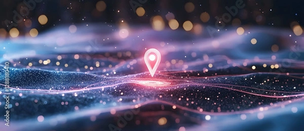 Fototapeta holographic wayfinder pin marking hidden digital path in glowing landscape. scene is filled with sparkling lights and mystical atmosphere, evoking sense of exploration and discovery