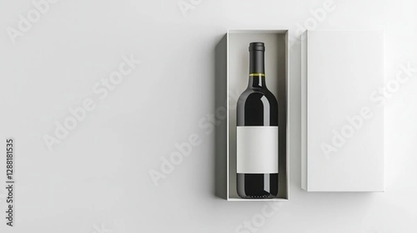 Fototapeta Elegant wine bottle in minimalist white box packaging on a sleek white surface.