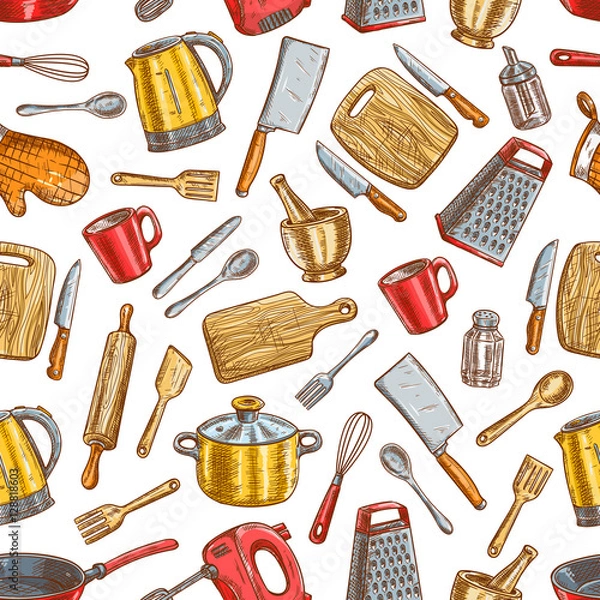 Fototapeta Kitchenware and dishware seamless pattern