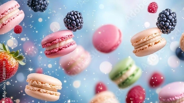 Fototapeta Colorful display of macarons floating with fruit and sparkles in a vibrant setting