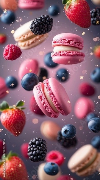 Fototapeta Colorful display of macarons surrounded by fresh berries create a delightful dessert composition