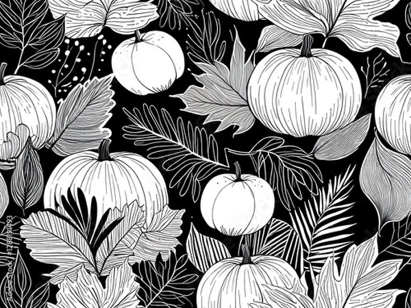 Fototapeta Elegant Black and White Pumpkin and Autumn Leaves Pattern