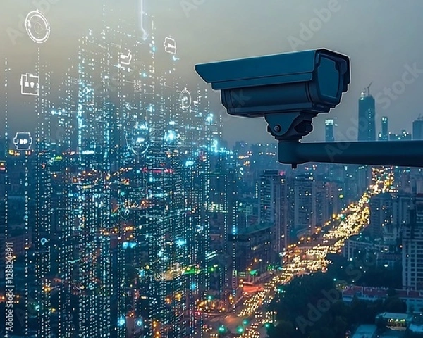 Obraz City surveillance camera, night cityscape, digital data overlay, security