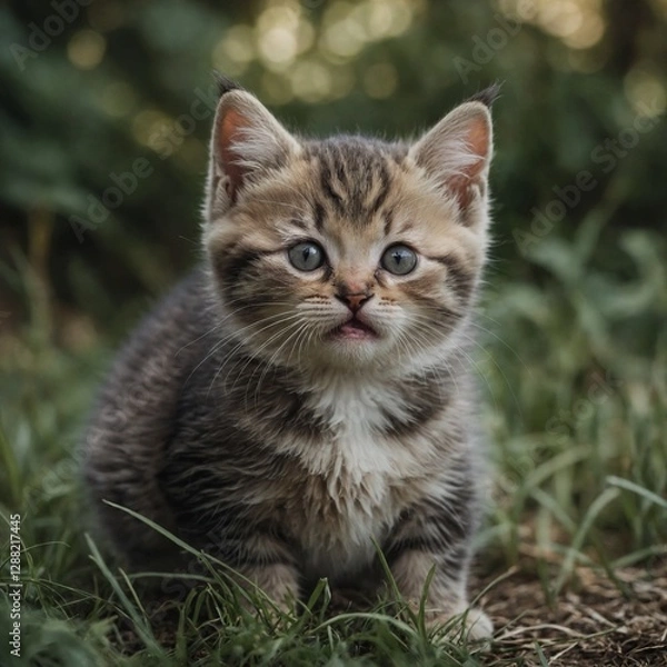Fototapeta A tiny chubby kitten with a heart-shaped nose and a playful expression.