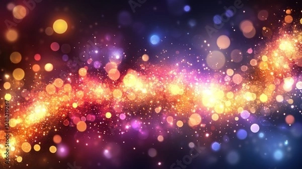 Fototapeta A 3D abstract background with neon wireframe grid squares in rainbow colors, glowing and set against a space-themed Y2K cyber backdrop. Retro disco music background illustration