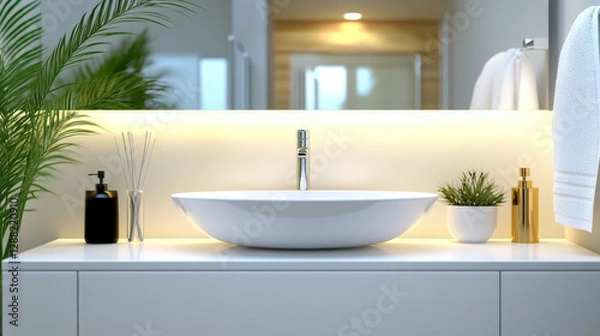 Fototapeta Modern bathroom setting with sleek sink, plants, and elegant decor. warm lighting creates relaxing atmosphere, perfect for luxurious experience