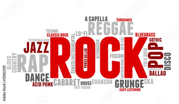 Obraz Rock. Word cloud, type font, gradient grey background. Music concept.