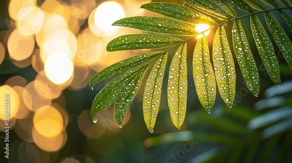 Obraz Dewy palm leaf sunset bokeh garden background
