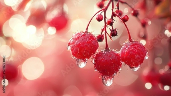 Obraz Dewy raspberries on branch, autumn orchard, bokeh background, food packaging
