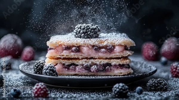 Obraz Dusting berry pancake dessert, dark background, food photography