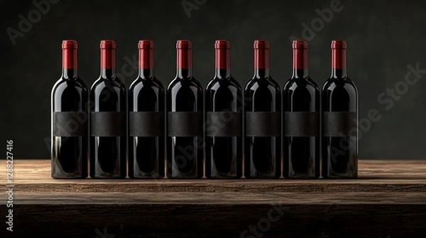 Obraz Eight red wine bottles on wood, dark background, wine tasting, cellar