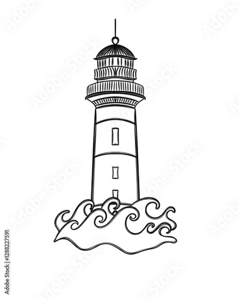 Obraz Line Art Free Hand Lighthouse and the sea wave