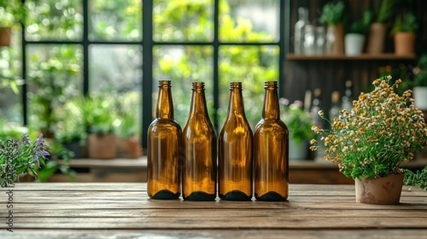 Obraz Empty bottles, wooden table, garden backdrop, recycling