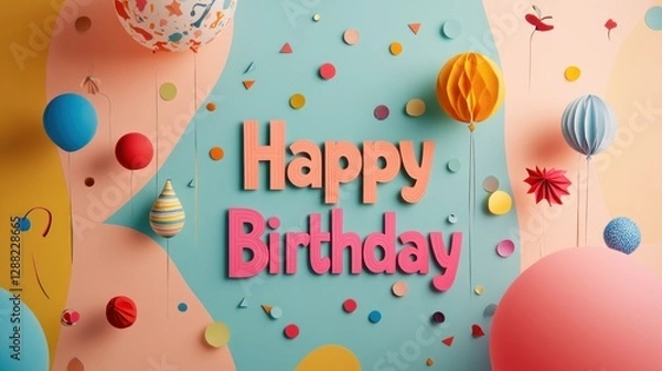 Obraz A whimsical birthday card with "Happy Birthday" written in creative fonts, surrounded by paper cutouts and colorful balloons.
