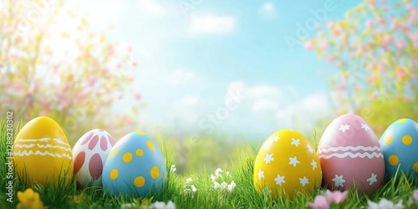Fototapeta pastel easter eggs on a spring background with copy space for text