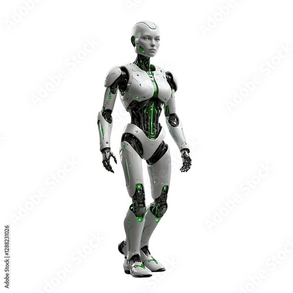 Fototapeta Humanoid AI Robot with White, Black, and Green Accents