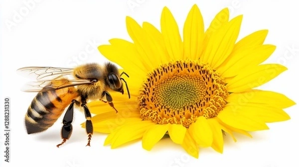 Fototapeta Bee pollinating sunflower on white, studio shot