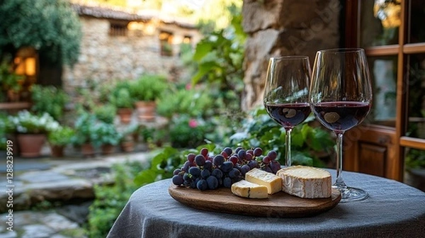 Obraz Red wine and cheese board featuring grapes and cheese in a rustic outdoor setting, perfect for relaxing and tasting