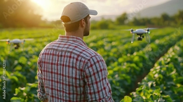 Fototapeta Farmer Using Drone Technology in Sunlit Green Crop Field