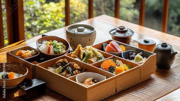 Fototapeta A beautifully arranged traditional Japanese kaiseki meal served in elegant wooden bento boxes, featuring a variety of small dishes with fresh sashimi, tempura, simmered vegetables, and pickles