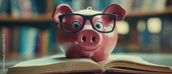 Fototapeta A Close-Up of a Charming Pink Piggy Bank Wearing Glasses, Sitting on an Open Book Amidst a Cozy Library Background with Colorful Shelves Filled with Books