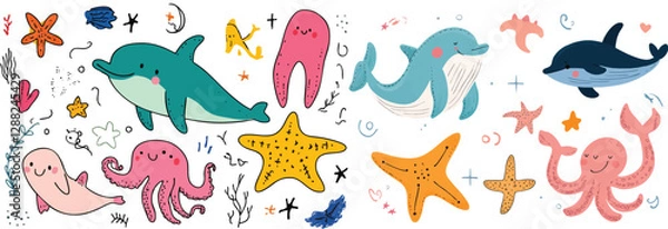 Fototapeta 
A cute, simple clip art-style drawing of adorable sea animals like a smiling dolphin, a curious octopus, and a playful starfish, all in soft pastel colors.