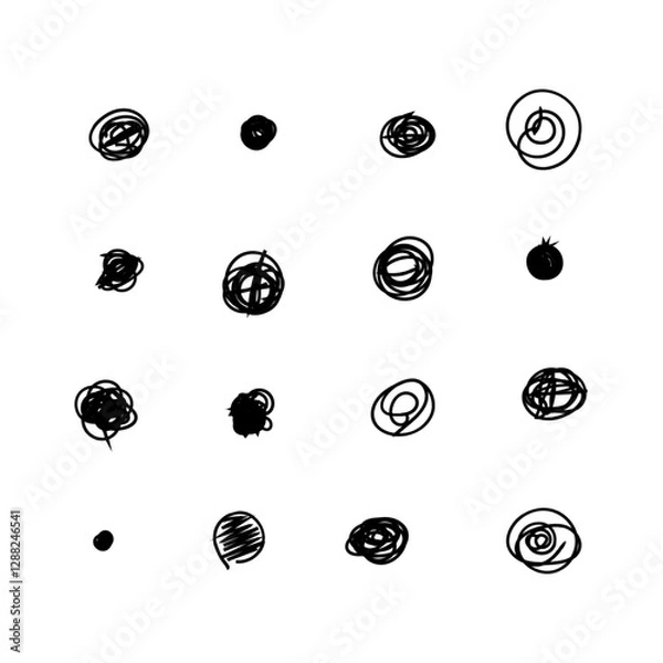 Fototapeta Scribble doodle circle and point. Collection black shapes dots and drops. Set of hand drawn doodle circles in a grunge style. Vector illustration for bullet journal. Isolated white background.