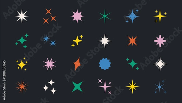 Fototapeta Set of colorful contemporary star sparkle shapes. Retro futuristic bright vector icons collection featuring abstract shine effect signs. Glowing twinkle templates of stars, bursts, and magic sparkles